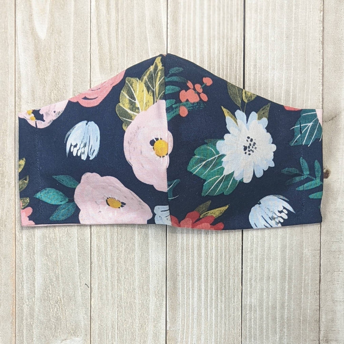 Navy Blue and Pink Floral Fitted Face Mask