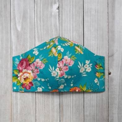 Teal and Pink Floral Fitted Face Mask