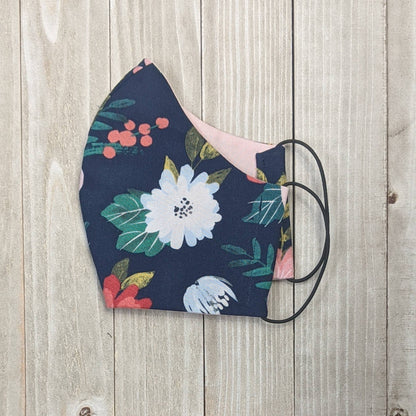 Navy Blue and Pink Floral Fitted Face Mask